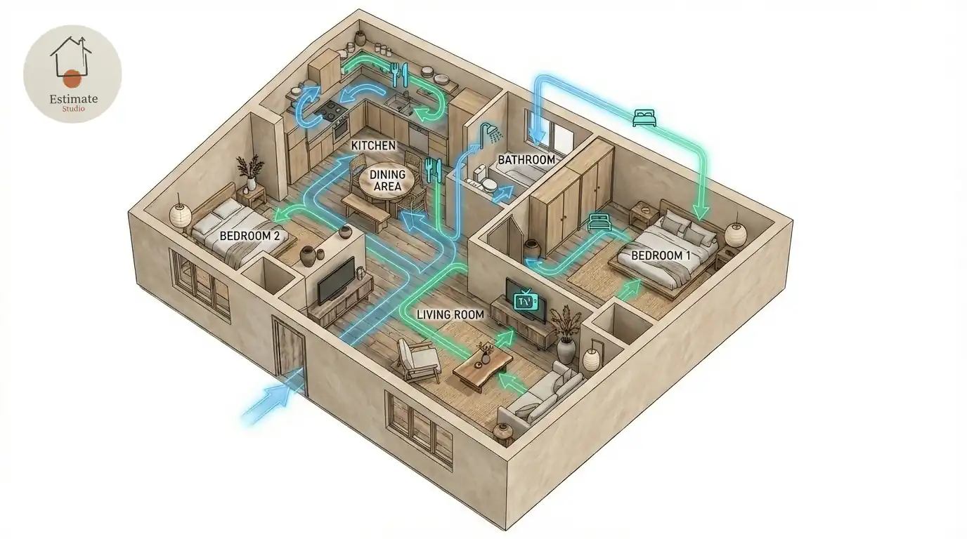 Концептуално планиране на интериорен дизайн показващо 2D план с функционално разпределение и moodboard с материална палитра в Japandi естетика