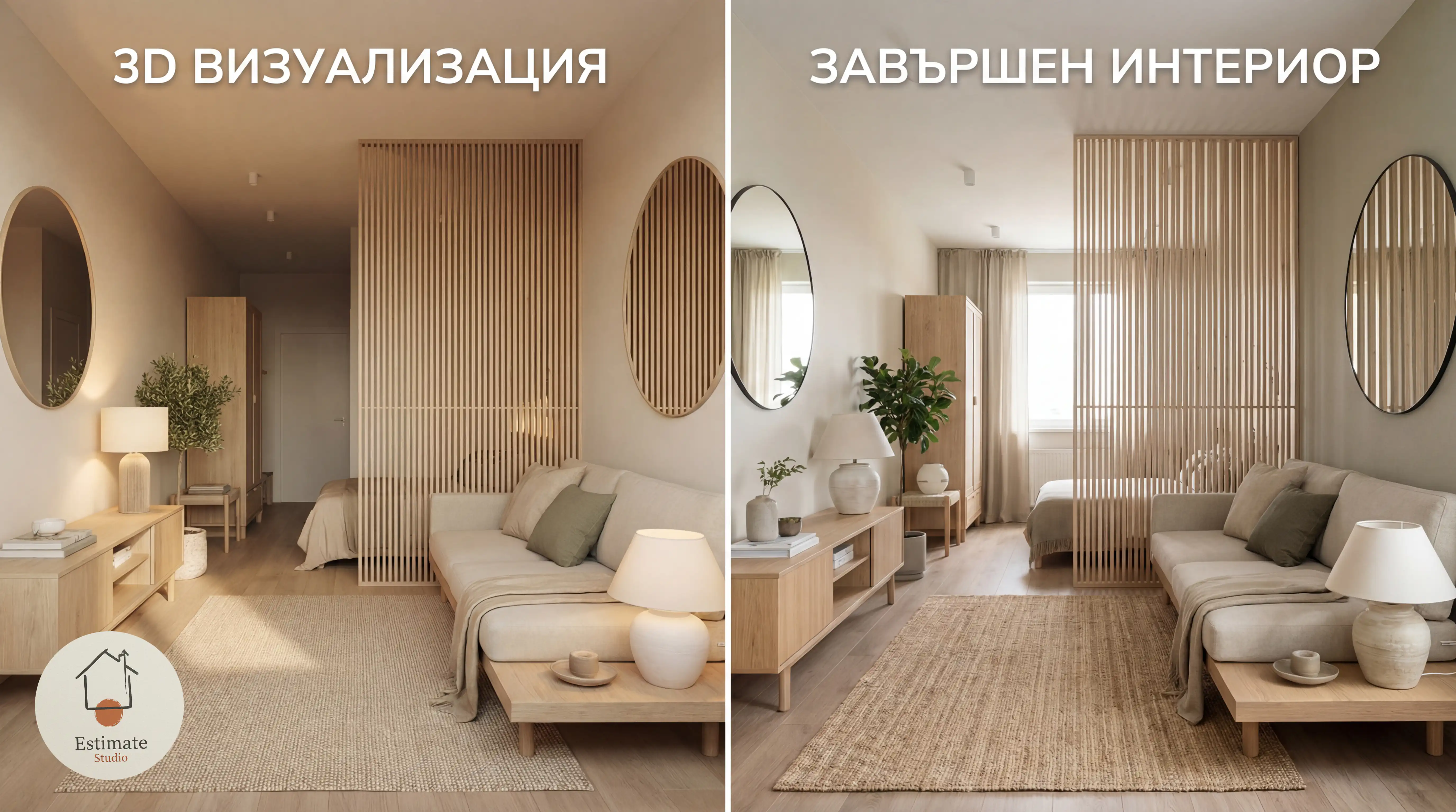 Сравнение между 3D визуализация и реализиран интериор показващо точност в цветове материали и осветление в Japandi стил