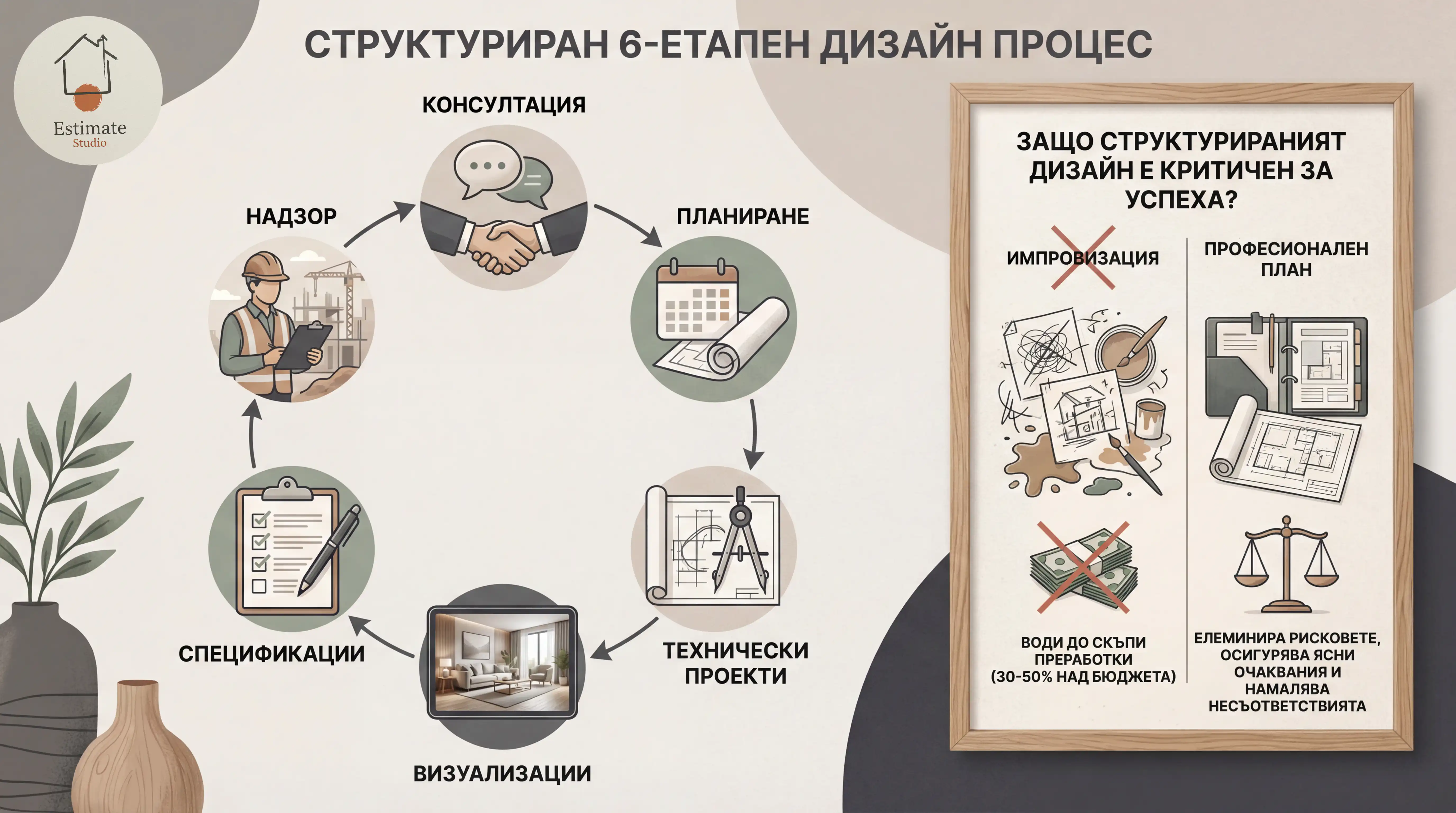 Визуална диаграма на процеса на интериорен дизайн показваща 6 етапа от първична консултация до авторски надзор с икони и времева рамка