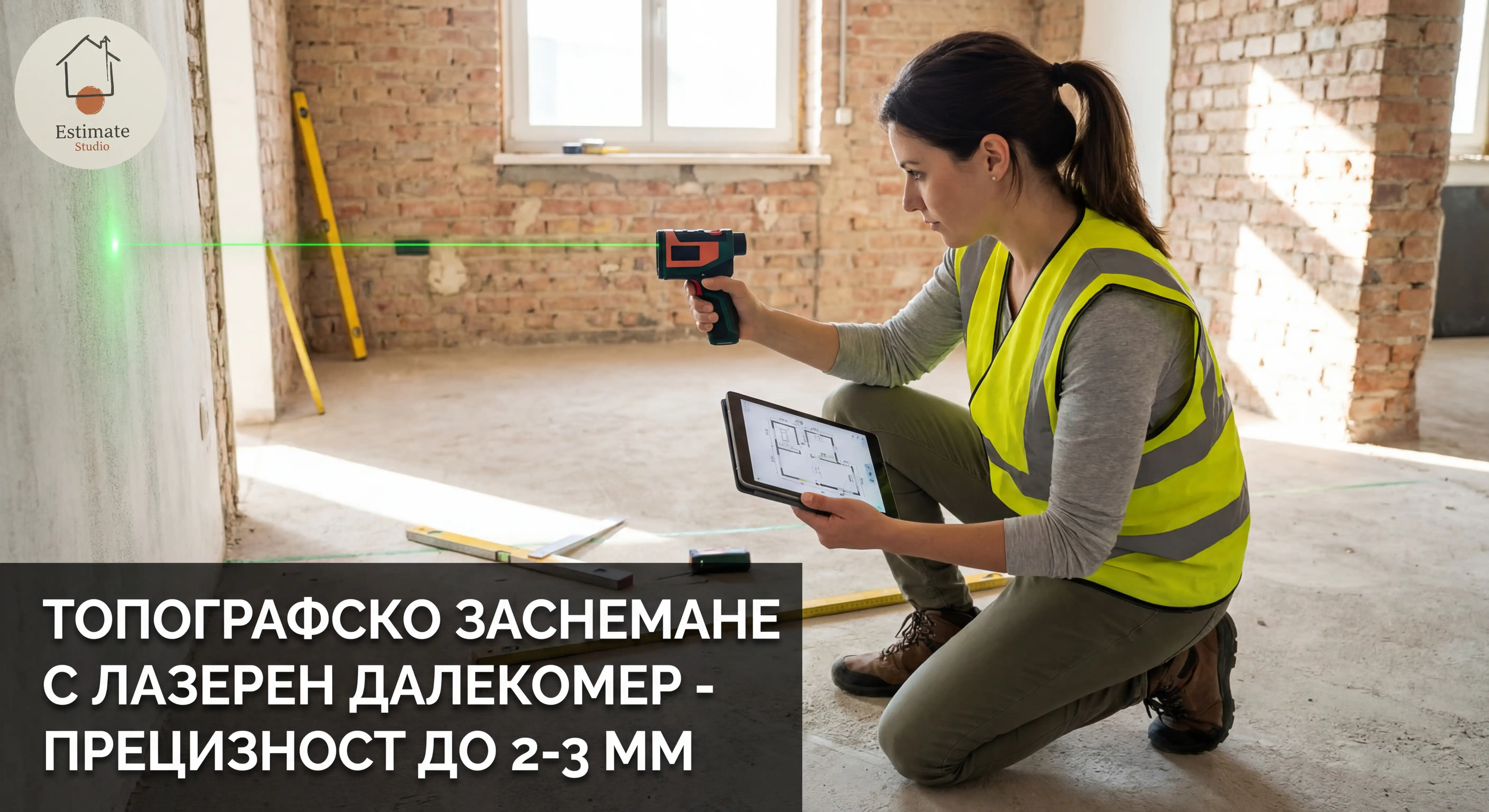Първична консултация и топографско заснемане на апартамент - интериорен дизайнер измерва пространство с лазерен далекомер за точни размери