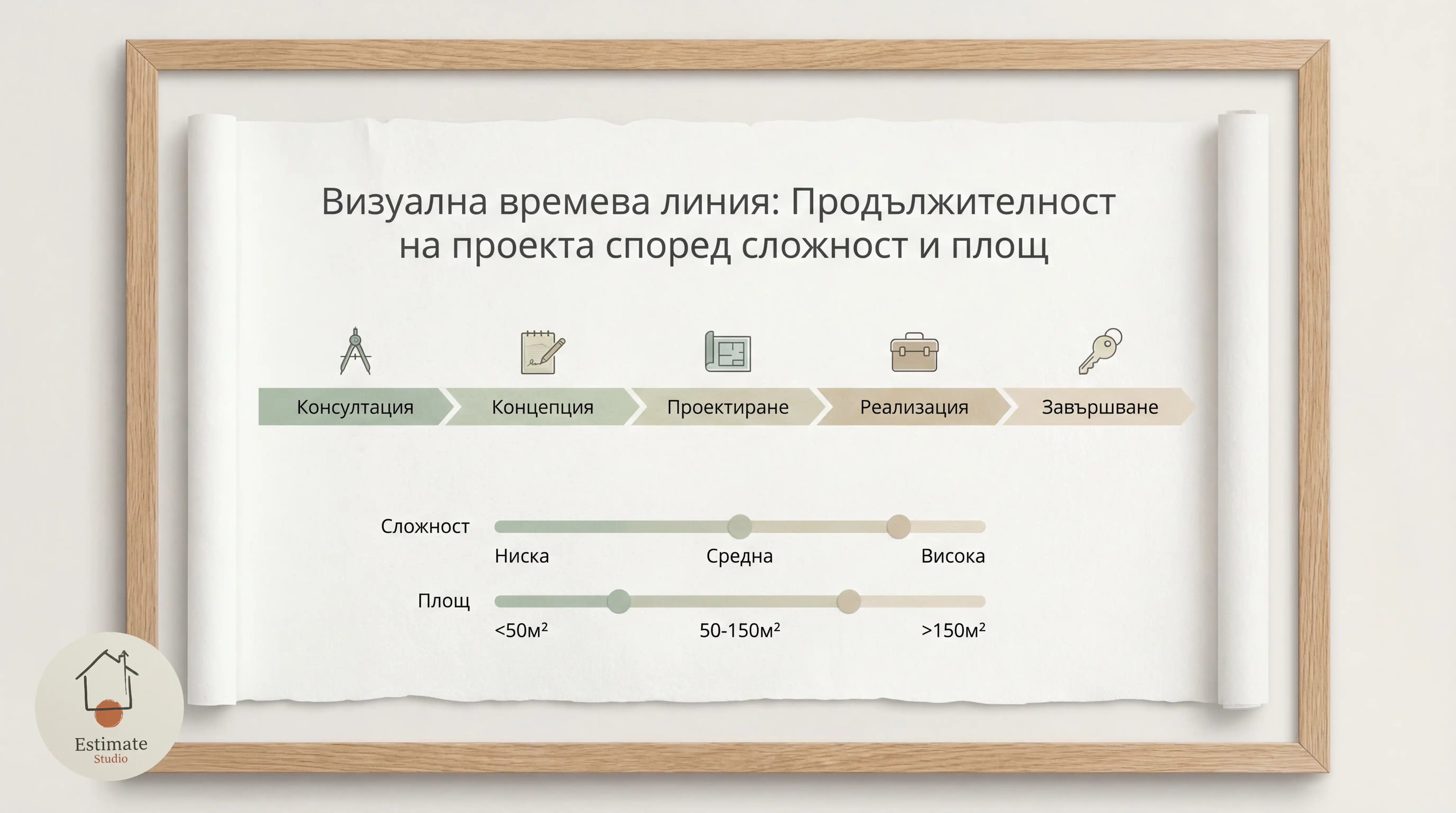 Инфографика показваща времевата рамка на процеса на интериорен дизайн - експресен проект 4 седмици стандартен 8-10 седмици комплексен 12-16 седмици с визуални етапи