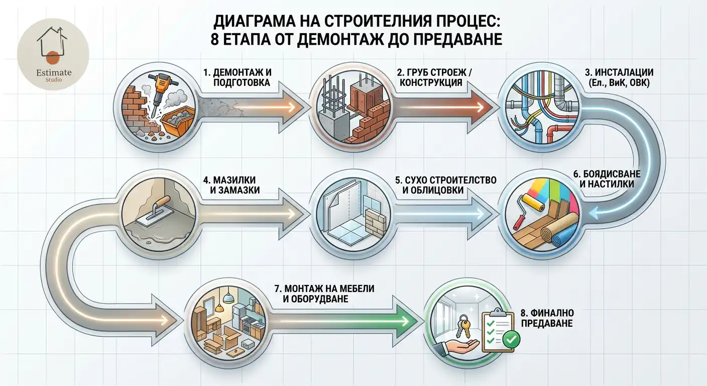 Диаграма на строителния процес в 8 етапа от демонтаж до финално предаване